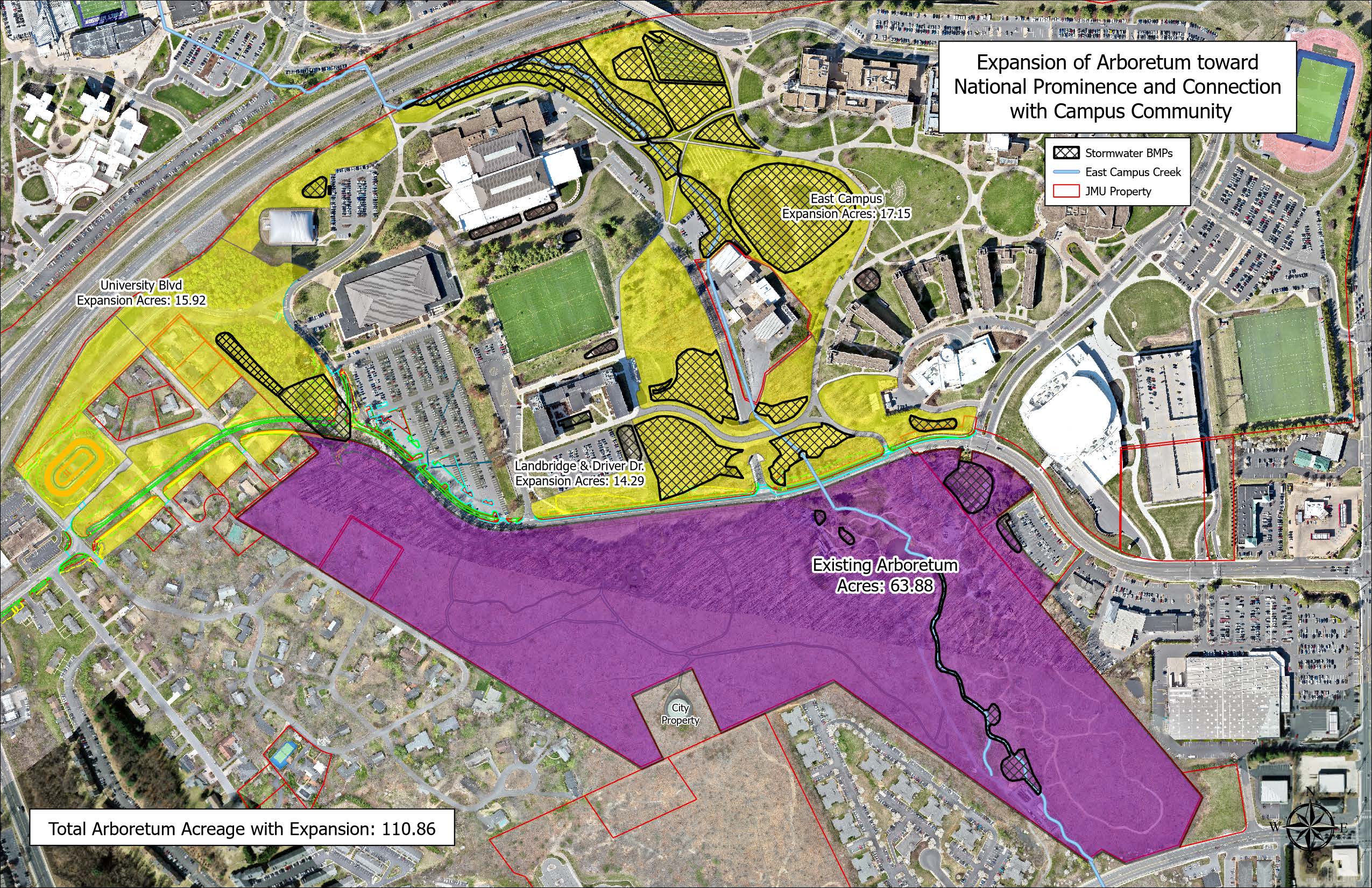 This map shows the expanded area of the Arboretum in yellow highlight. Areas in black grids show stormwater BMPs already in place. The blue line through the center of the map shows the East Campus Creek. The red lines show the borders of JMU property.