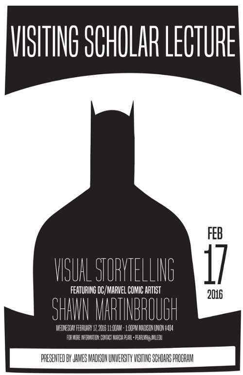 poster for shawn martinbrough presentation with outline of batman's head