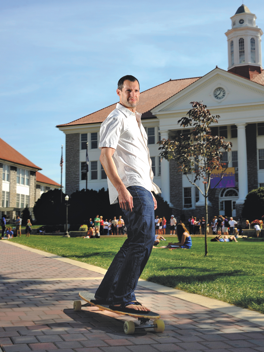 Howard Gelfand, history professor, surfs the sidewalk to save the environment