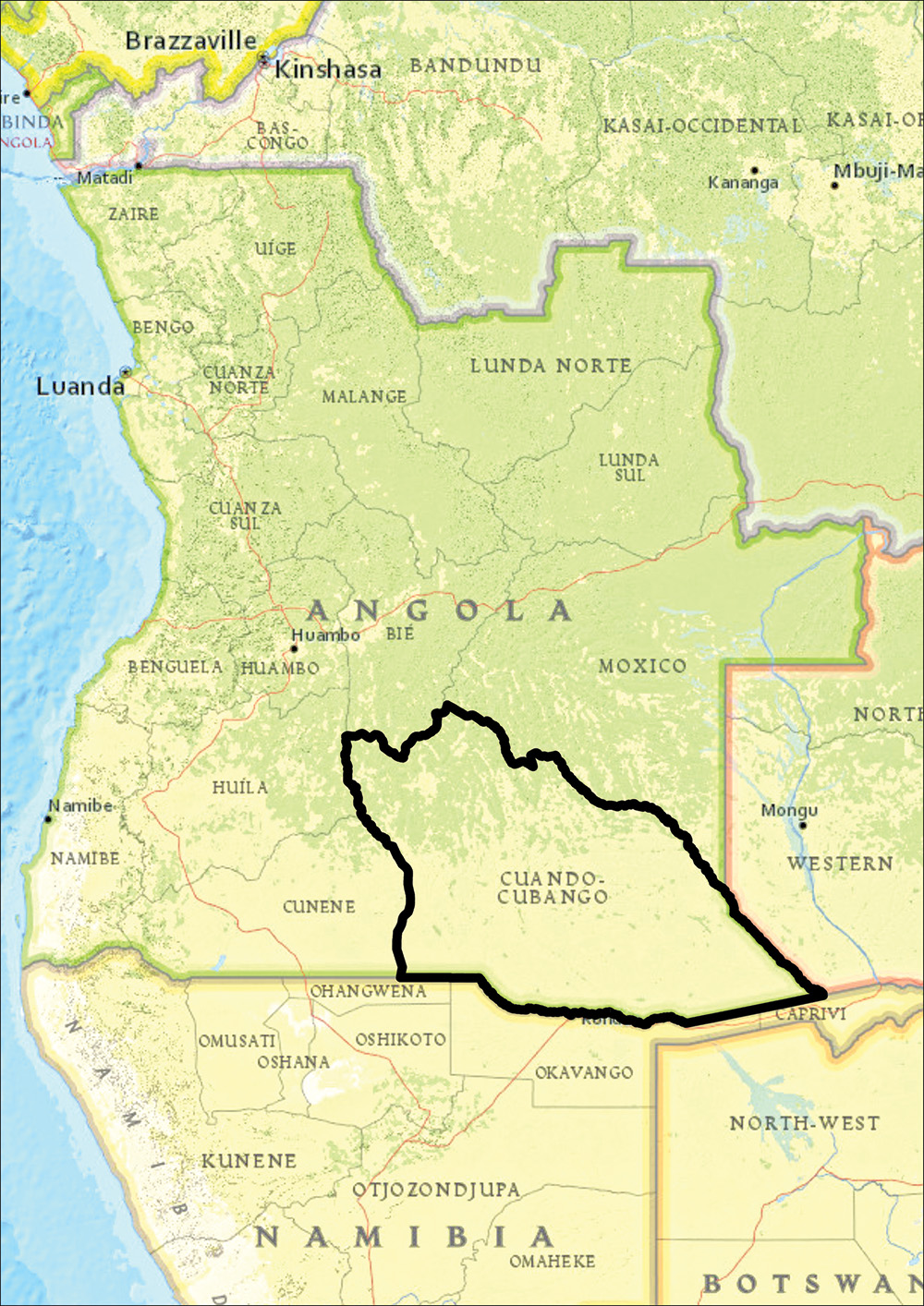 Map of Angola with Cuando-Cubango outlined