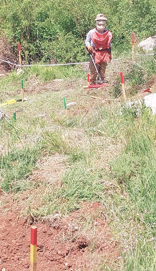 A man in personal protective equipment sweeps grass with a metal detector.