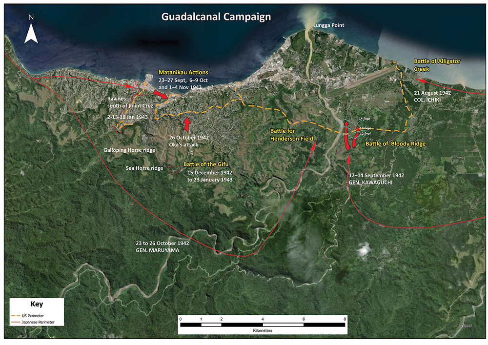 Green topographic map with red arrows and orange lines indicating the Guadalcanal Campaign.