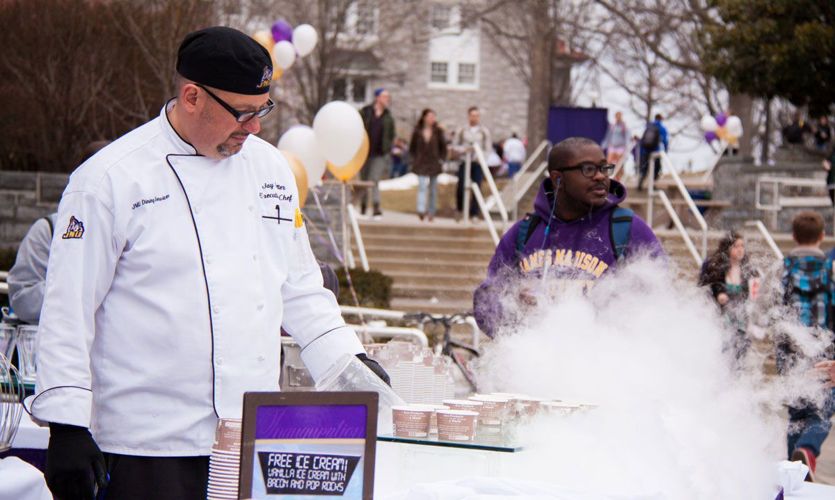 JMU Dining Services chef serving ice cream of the future: vanilla with bacon and pop rocks. 