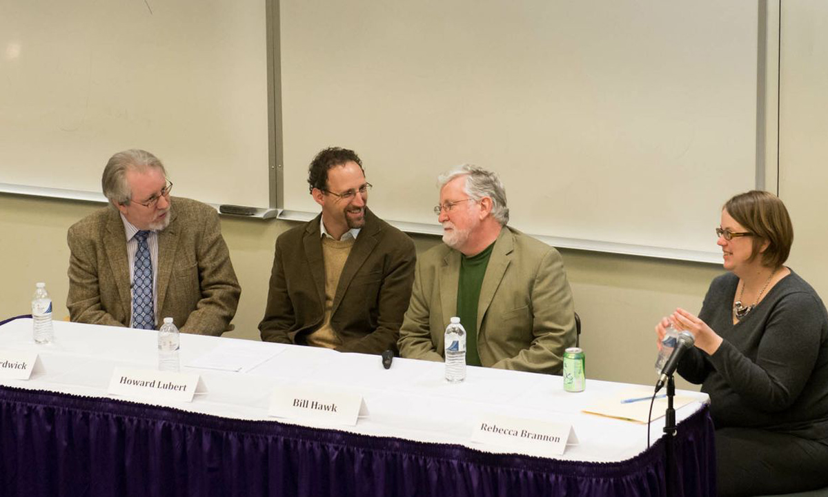 JMU professors (L-R) Kevin Hardwick (history), Howard Lubert (political science), William Hawk (philosophy and religion) and moderator Rebecca Brannon (history) discuss the political thought of President James Madison. 