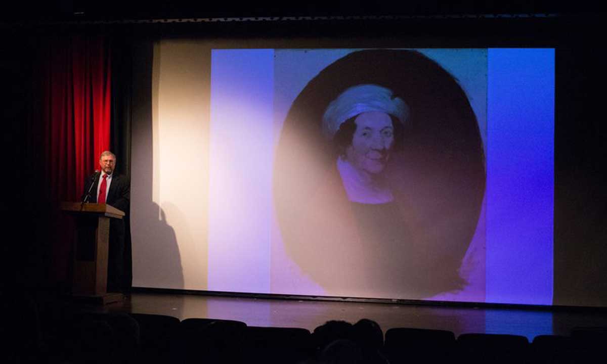 Dr. David Mattern, associate editor of The Papers of James Madison at the University of Virginia, describes the mutually affectionate relationship James and Dolley Madison (pictured on screen) enjoyed.