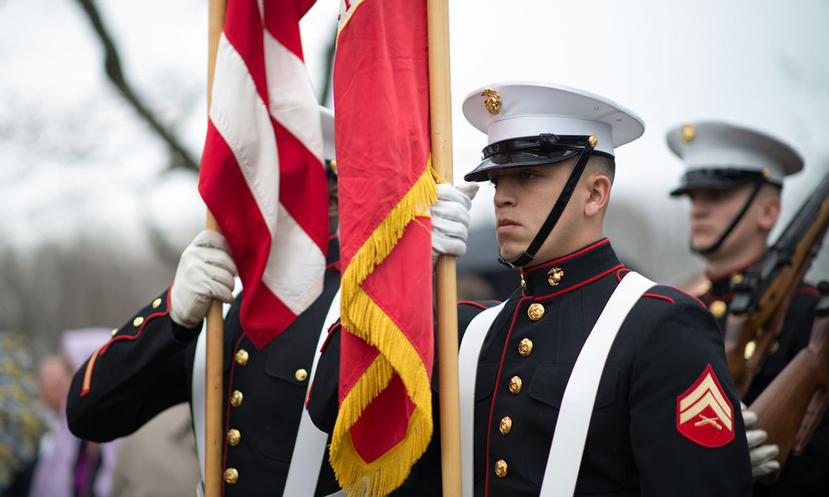 The United States Marine Corps Color Guard presented the colors during the 262nd anniversary of the birth of James Madison at Montpelier. 