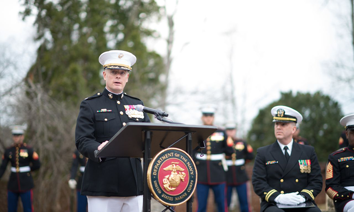 Col. David Maxwell, assistant chief of staff at Marine Corps Base Quantico, speaks on the legacy of James Madison during a ceremony at Montpelier to commemorate the 262nd anniversary of his birth. 