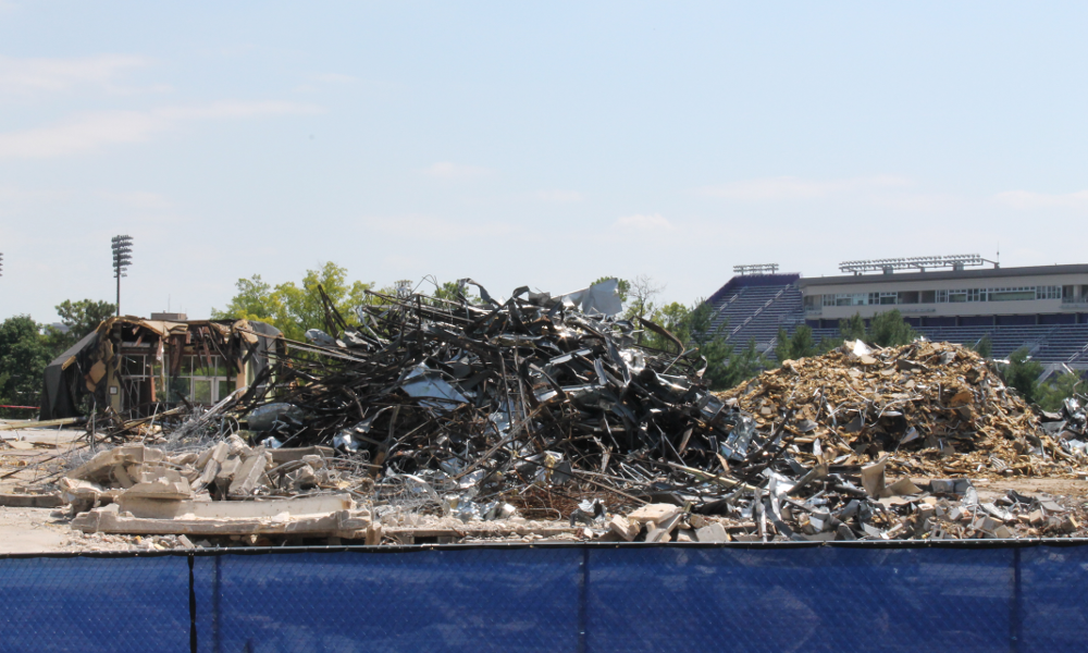 remnants of the original D-Hall piled up on the foundation