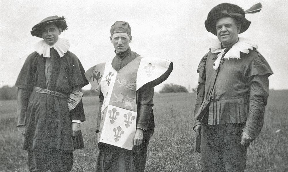 May 1916 photo of William Smithey, President Julian Burruss and Cornelius Heatwole dressed to march in the Shakespearian pageant on campus.