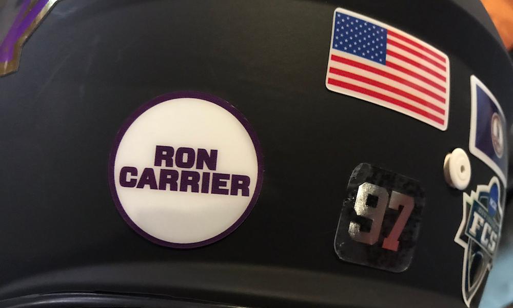 football helmet with ron carrier sticker