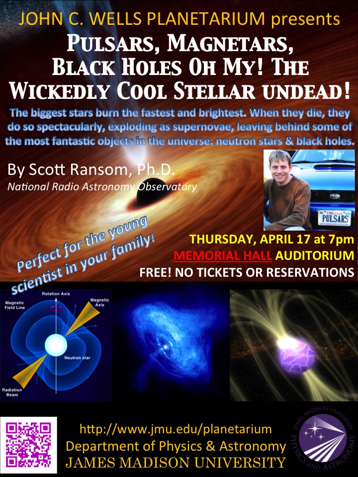 Scott Ransom Public Science Talk: Thursday, April 17 at 7pm, MEMORIAL HALL