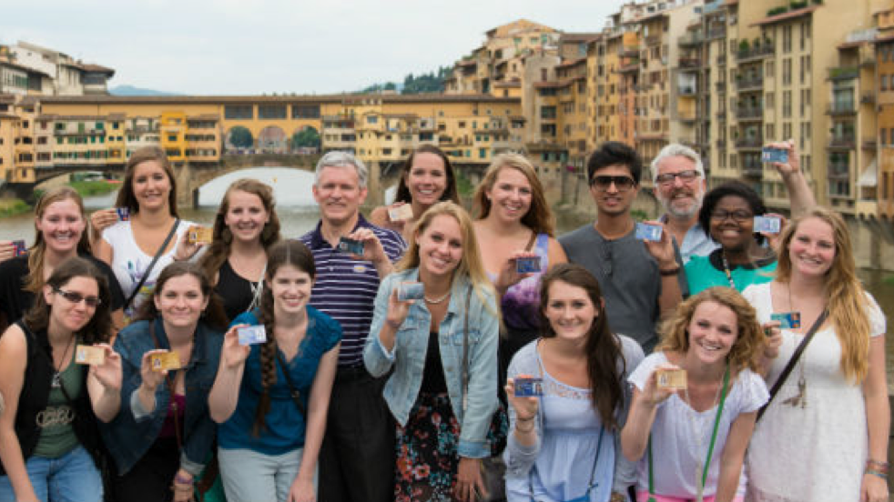 Semester in Florence students with JMU Pres. Jon Alger (photo by Mike Miriello)