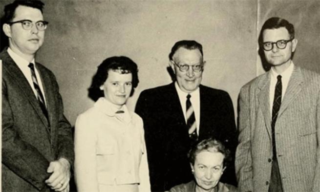 Yearbook image of Professor Paul Cline, far left, with other faculty 