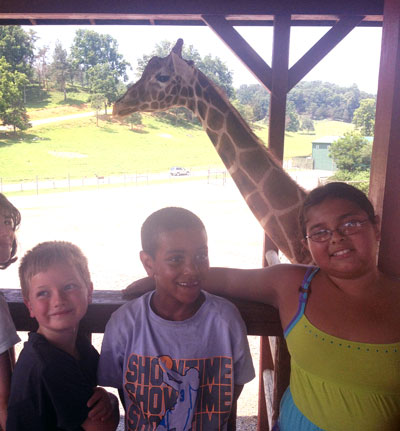 Three Campers with Giraffe