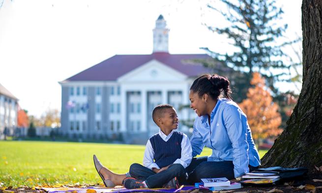 Francesca Leigh-Davis and her son on the JMU Quad