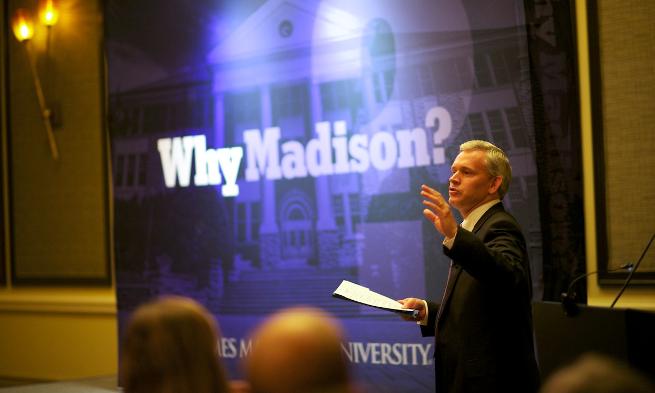 President Alger speaking at "Why Madison?" in Reston