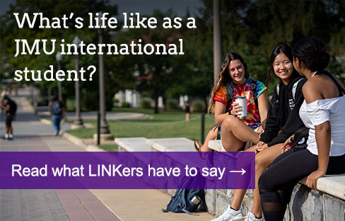 Three international students walking on the JMU Quad with the headline, 
