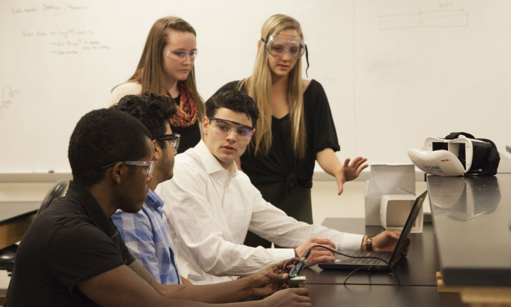 Engineering students working on virtual reality project