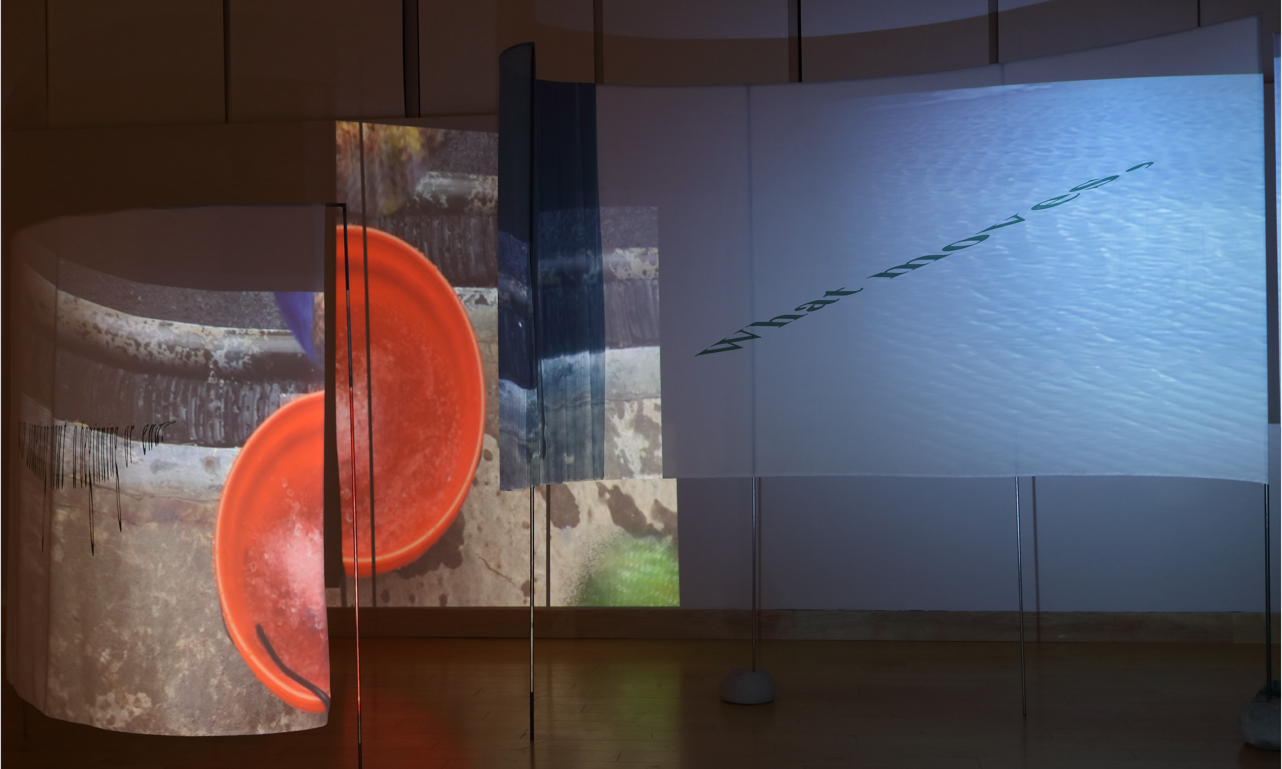 A projection on the front gallery wall. A picture of a red bowl on a sidewalk and a projection with text that reads "what moves,"