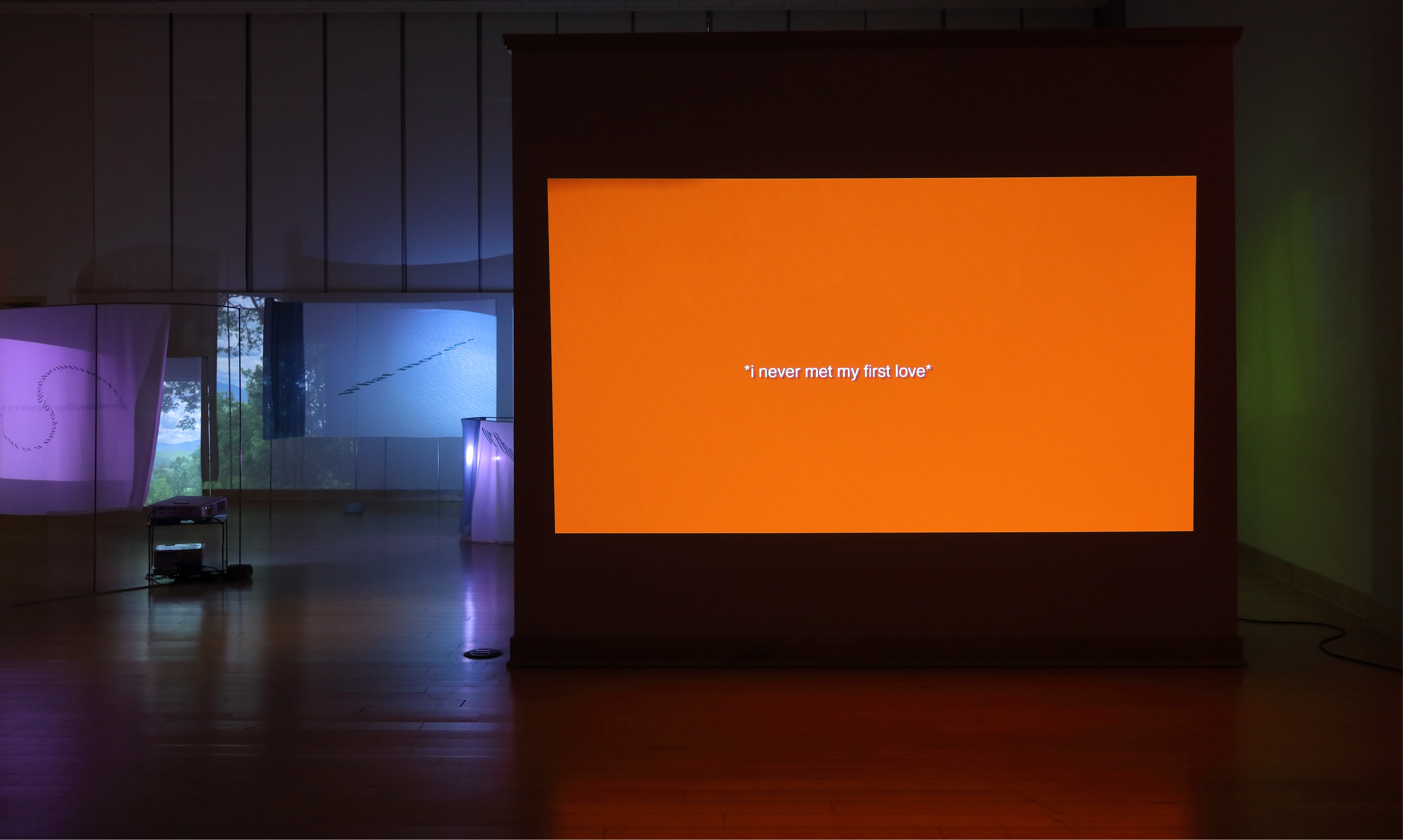 An orange projected screen reads "I never met my first love"