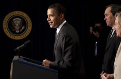 President Barack Obama shares the podium with MIT's Susan Hockfield and Paul Holland of Serious Materials during the President's remarks on investments in clean energy and new technology Monday, March 23, 2009, in the Eisenhower Executive Office Building adjacent to the White House. Photo: The White House / Lawrence Jackson