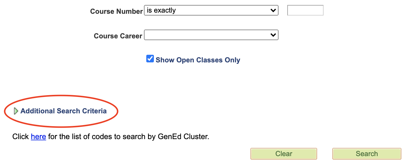 Image of additional criteria section of the class search page