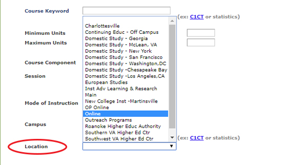 image of the location box in the class search webpage