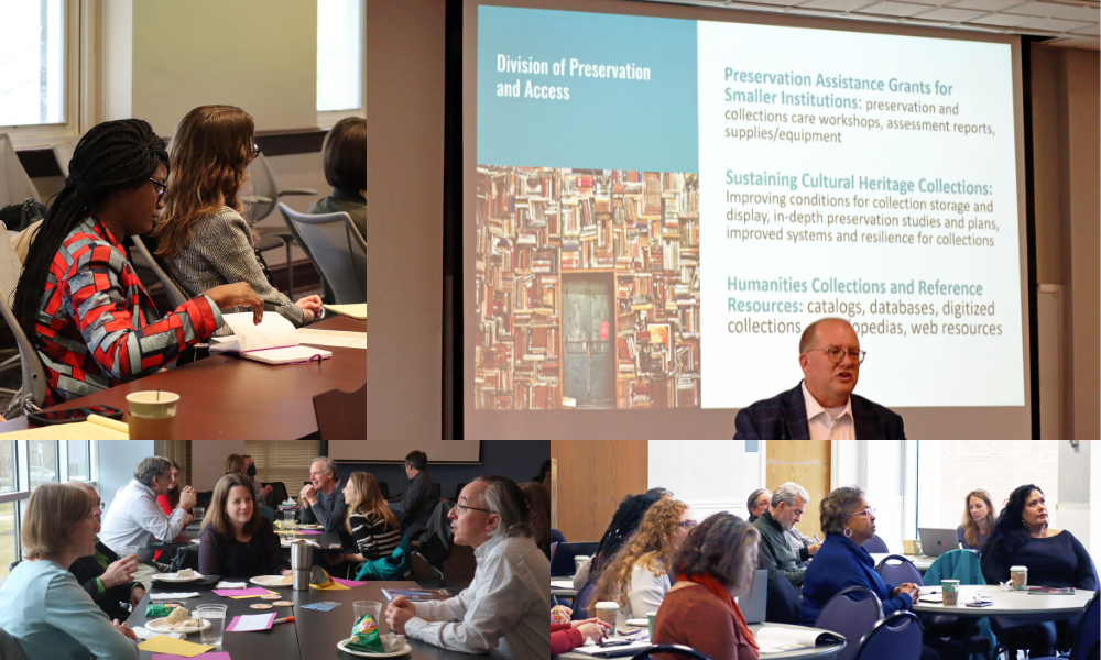 A collage of photos featuring JMU faculty engaged in research development activities