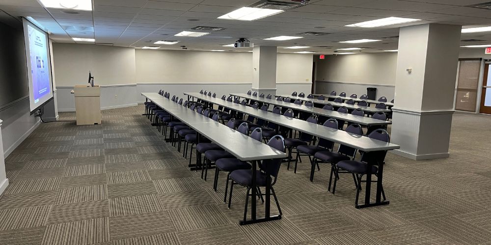 Warren 256 setup in classroom style seating from left front of room