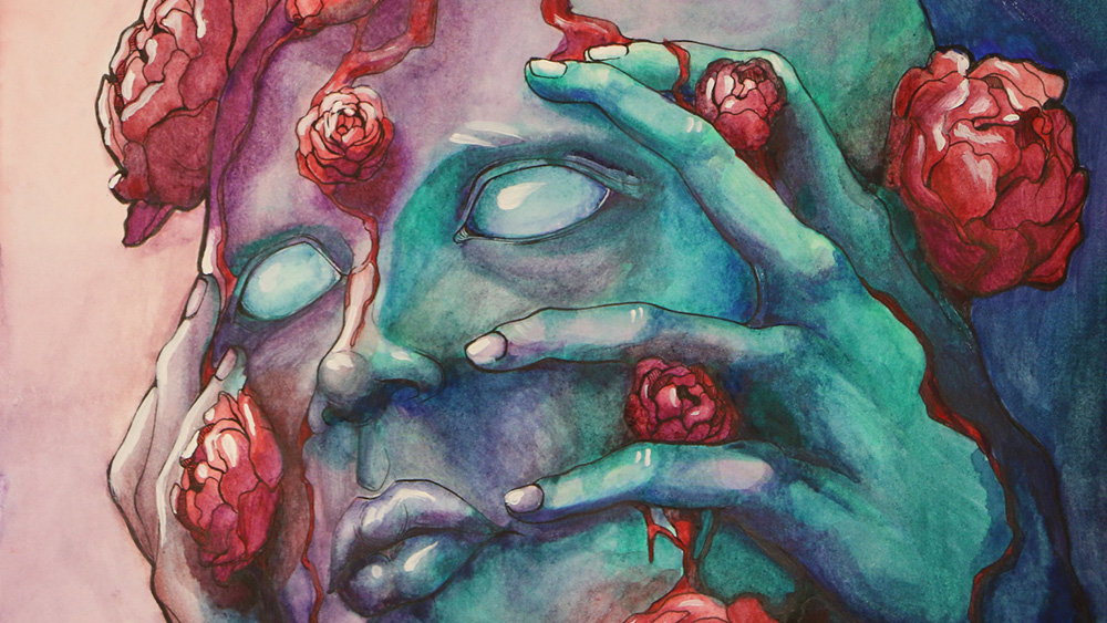 painting of face with roses