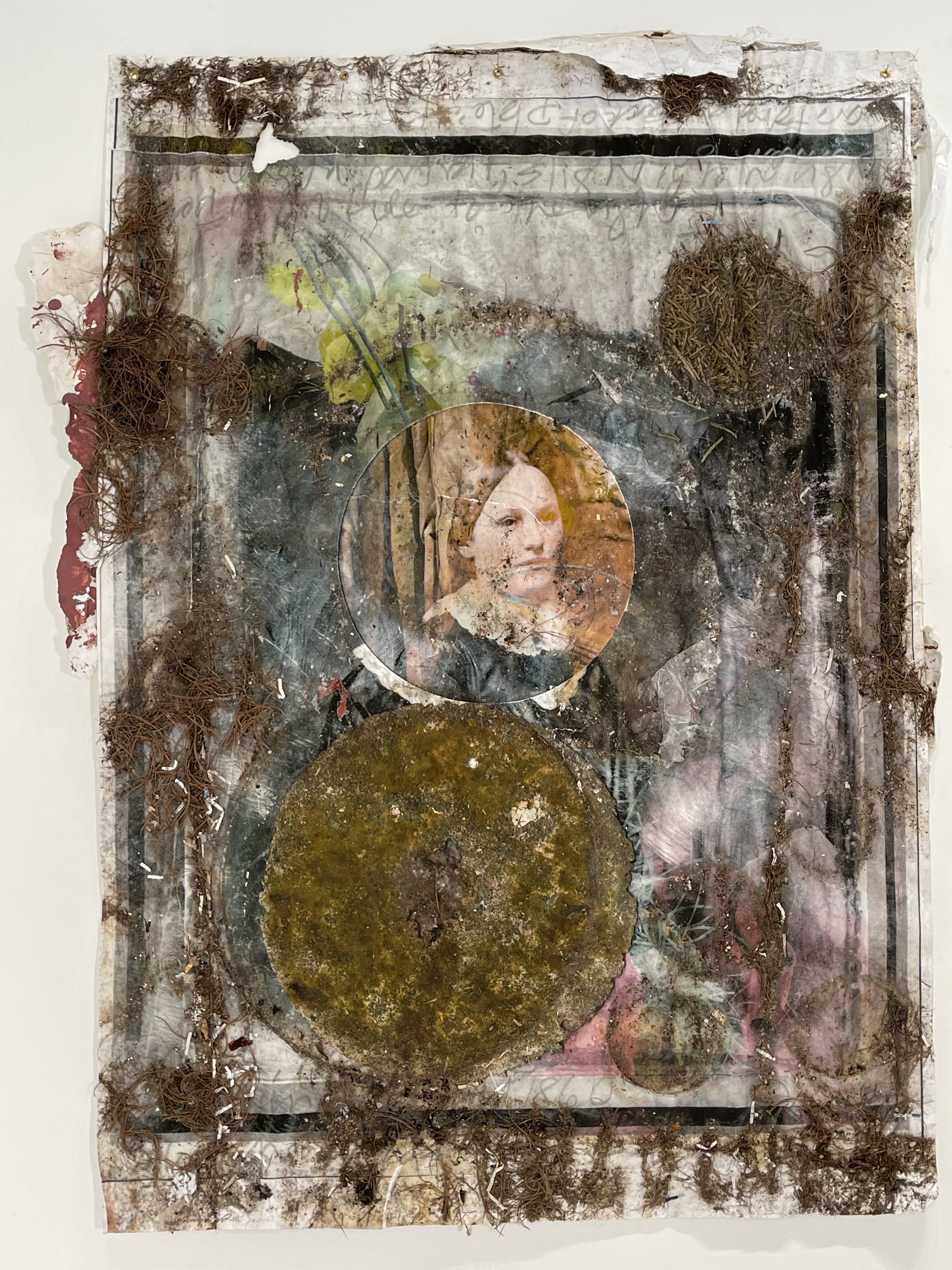 Unidentified Woman 3, Distressed archival pigment print photomontage with pine needles, shredded paper, paint, and detritus, 63” x 47”, 2023.