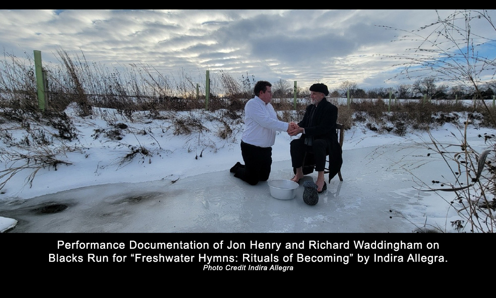 Performance Documentation of Jon Henry and Richard Waddingham on Blacks Run for “Freshwater Hymns: Rituals of Becoming” by Indira Allegra. 
