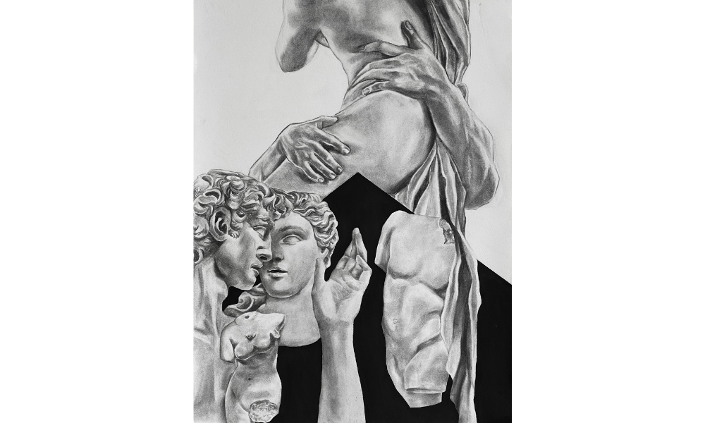 Graphite drawing highlighting the classical figure as seen in Art History