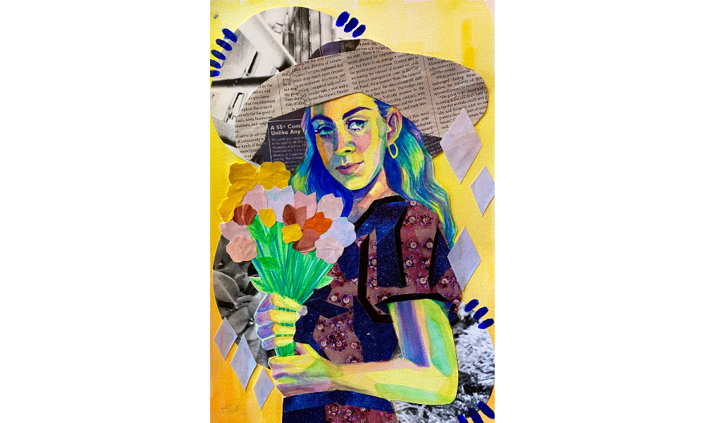 A collage featuring a self-portrait with bright colors