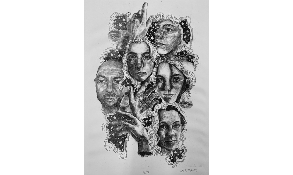 Lithograph print featuring many faces