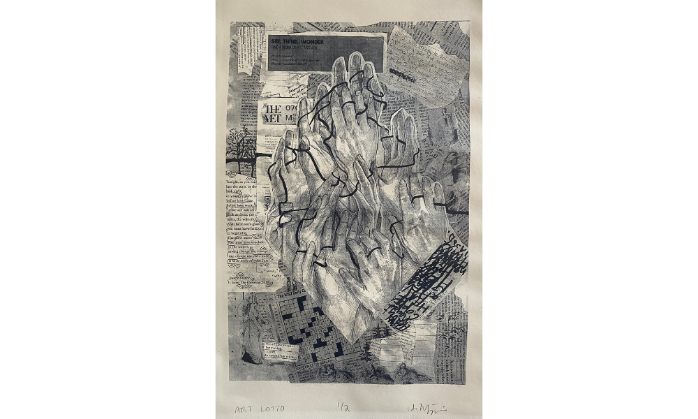 Lithograph featuring praying hands and a collaged background
