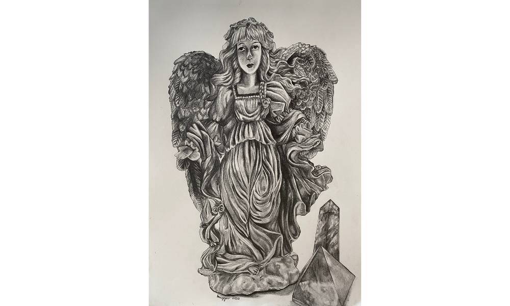 Full-body drawing of an angel with crystals on the ground to the right of her