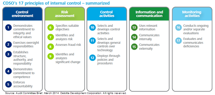 COSOs 17 principles fall under 5 categories: control environment, risk assessment, control activities, information and communication, and monitoring activities. The 17 principles are: