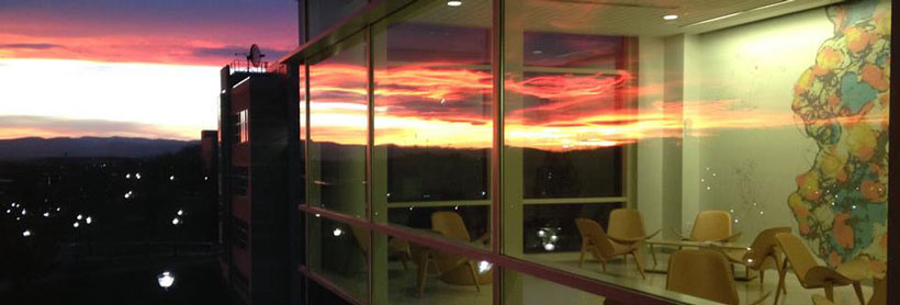 Bioscience building at sunset in the Shenandoah Valley