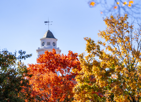 Wilson's iconic cupola peeks out over fall foliage on JMU's campus.