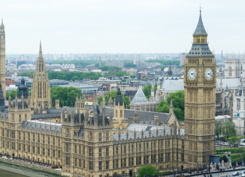 An aerial view of London's iconic Big Ben clocktower.
