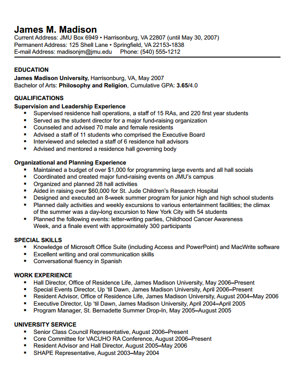 Choosing A Resume Format Jmu