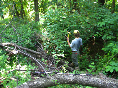 JMU Geographic Science students using survey-grade GPS to map wine cellar foundation.