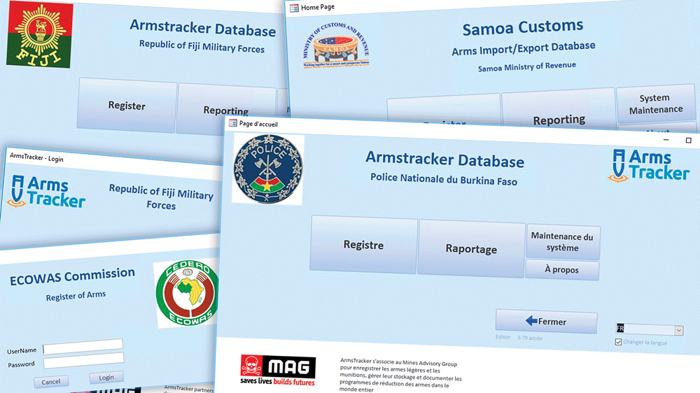 A collage of ArmsTracker screenshots showing the home or login pages of several installations. Installed with government agencies across the Pacific and Africa, ArmsTracker can be switched to local languages. Image courtesy of CAVR.