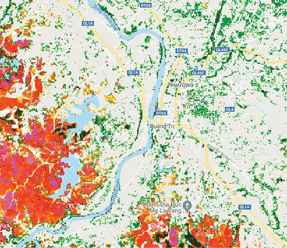 Figure 3. Mapping of CHAs and satellite-detected surface water following the October 2020 storms across Quảng Trị Province. Figure courtesy of Sentinel-1 image, 29 October 2020, 05:43 local time, UNITAR and PTVN.