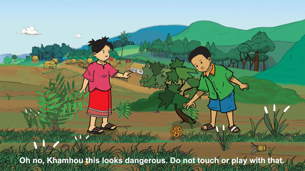 Video still from MAG’s animated video from Lao PDR in which EORE material is tailored for children. Image courtesy of MAG.