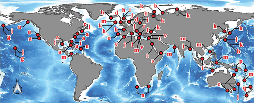 Figure 1. Documented marine sites with munitions present include conventional weapons, chemical weapons, and UXO. Note that the map resolution is coarser than the number of actual munitions dumps, e.g., the letter h has 148 UXO dumpsites. Figure courtesy of Frontiers in Marine Science.1 