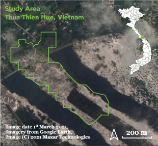Figure 3. Study Area, Thua Thien Hue, Vietnam. Image courtesy of NPA/CEOBS, with imagery from Google Earth and Maxar Technologies.