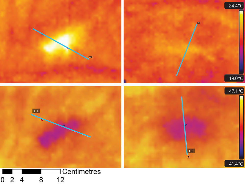Figure 4. Zooming in on examples of day and night anomalies from buried BLU-97 captured by the TIR camera from Figure 6 and Figure 7. BLU-97 submunitions. Figure 4(i) and (ii) are from 0.7 cm and 2.7 cm depths at night; (iii) and (iv) are from 0.7 cm and 2.7 cm during the day. Weather information is available in Table 1.