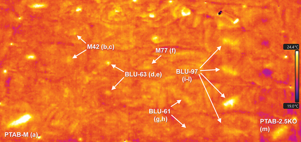 Figure 6. TIR anomalies from targets at a favourable time during the night. This TIR image was taken on Night 3 at 19:30. It provides a good snapshot of thermal anomaly characterization for thirteen targets. Details regarding the burial depth of each item is provided in Table 2. Dark is cool, light is warm.